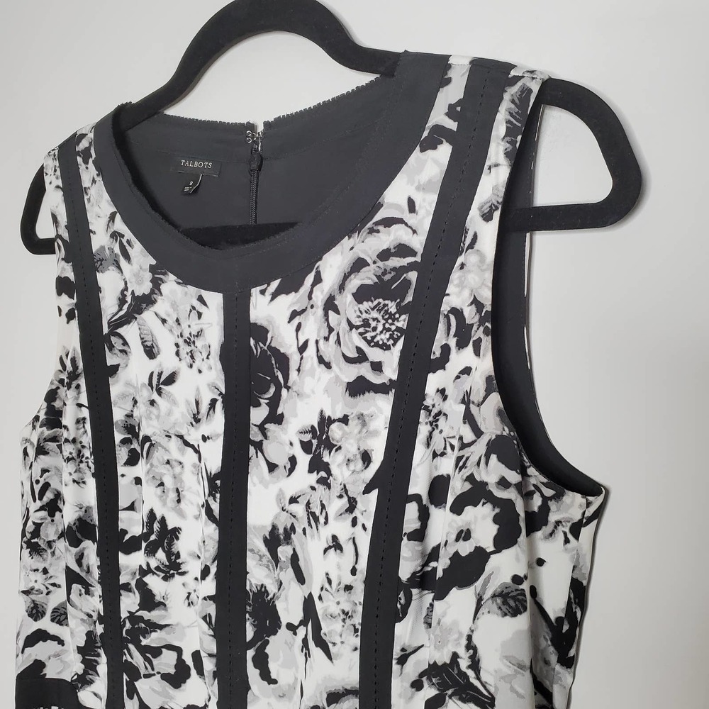 TALBOTS Black White Floral Print Sleeveless Back Zip A-Line Dress Sz 8 - Picture 3 of 6